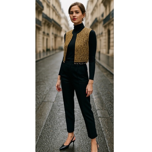 Vintage Saks Fifth Avenue Gold Mesh Pearl Rhinestone Beaded Sheer Vest Topper XS - Picture 12 of 12